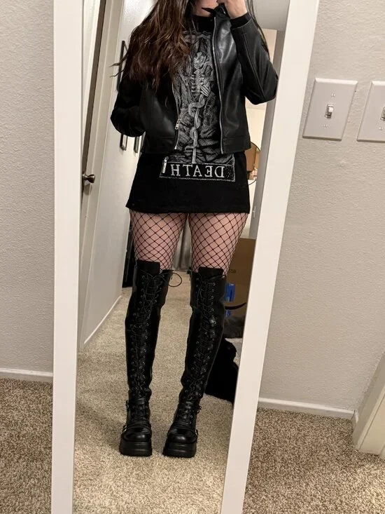 Women Black Faux Leather Over Knee Thigh Goth Buckles Side Zip Lace Boots 5.5-10 - Picture 3 of 8